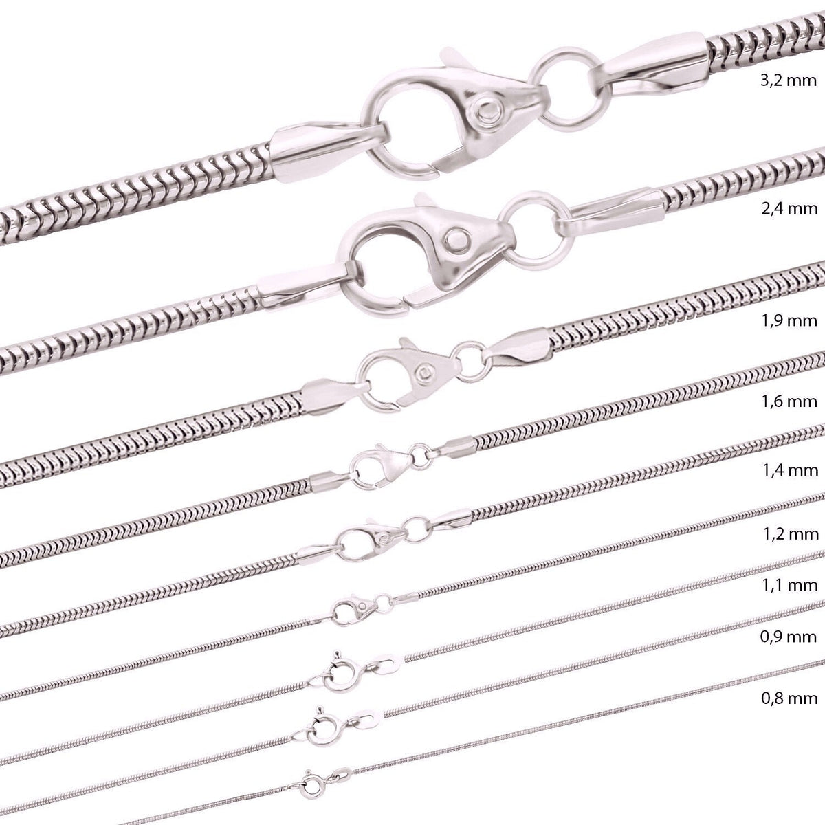 Sterling Silver Snake Chain Necklace, 925 Silver, 36-60cm