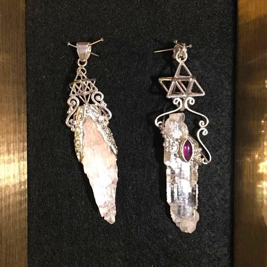 Tabular Quarz / Kunzite Crystal + TANTRIC Star, 3D Sacred Geometry Pendant, Silver Jewelry with Amethyst