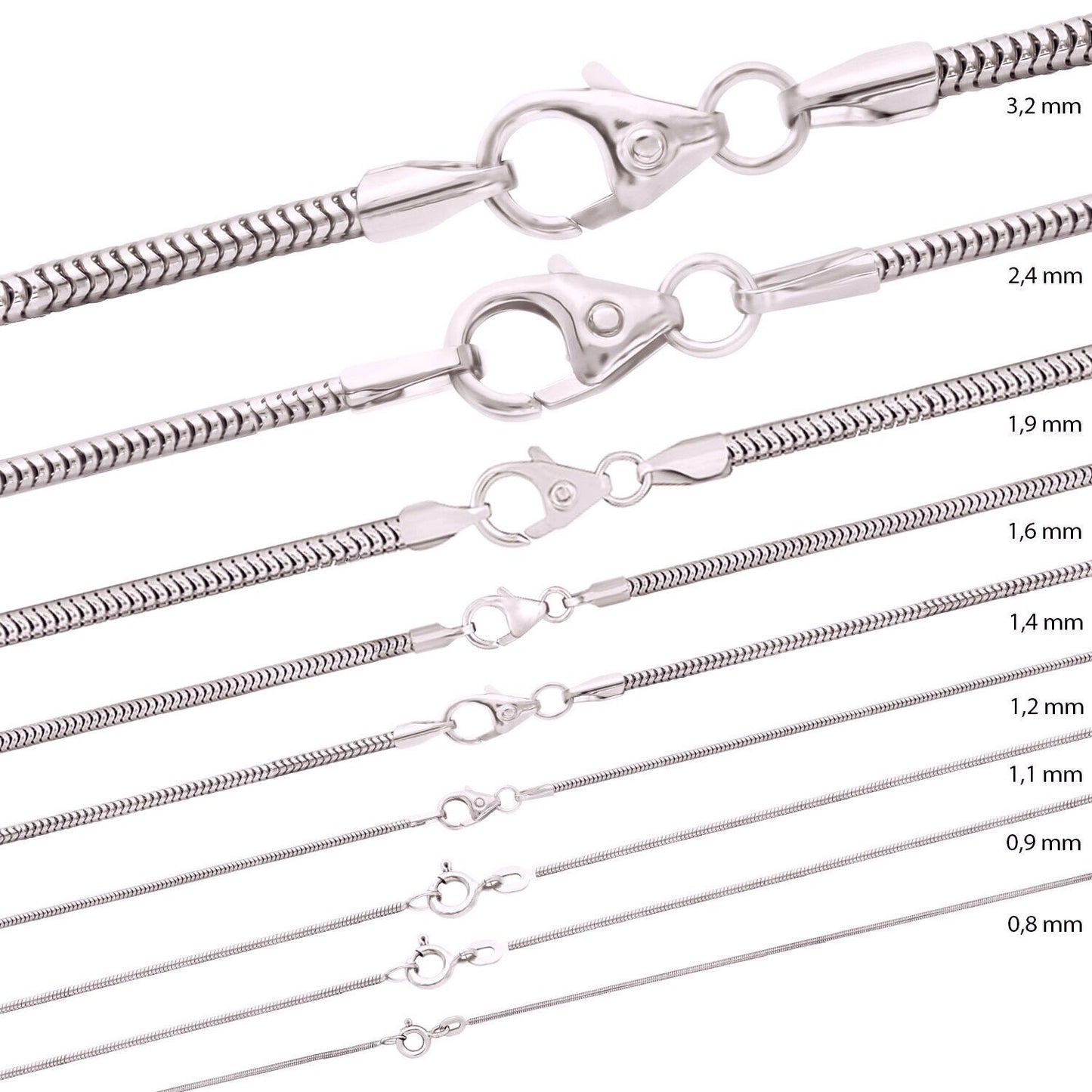 Sterling Silver Chains: Singapore chain / Snake chain / Curb chain, 925 Silver fine necklaces 14 16 18 20 22 24 inches = 40 45 50 55 60 cm