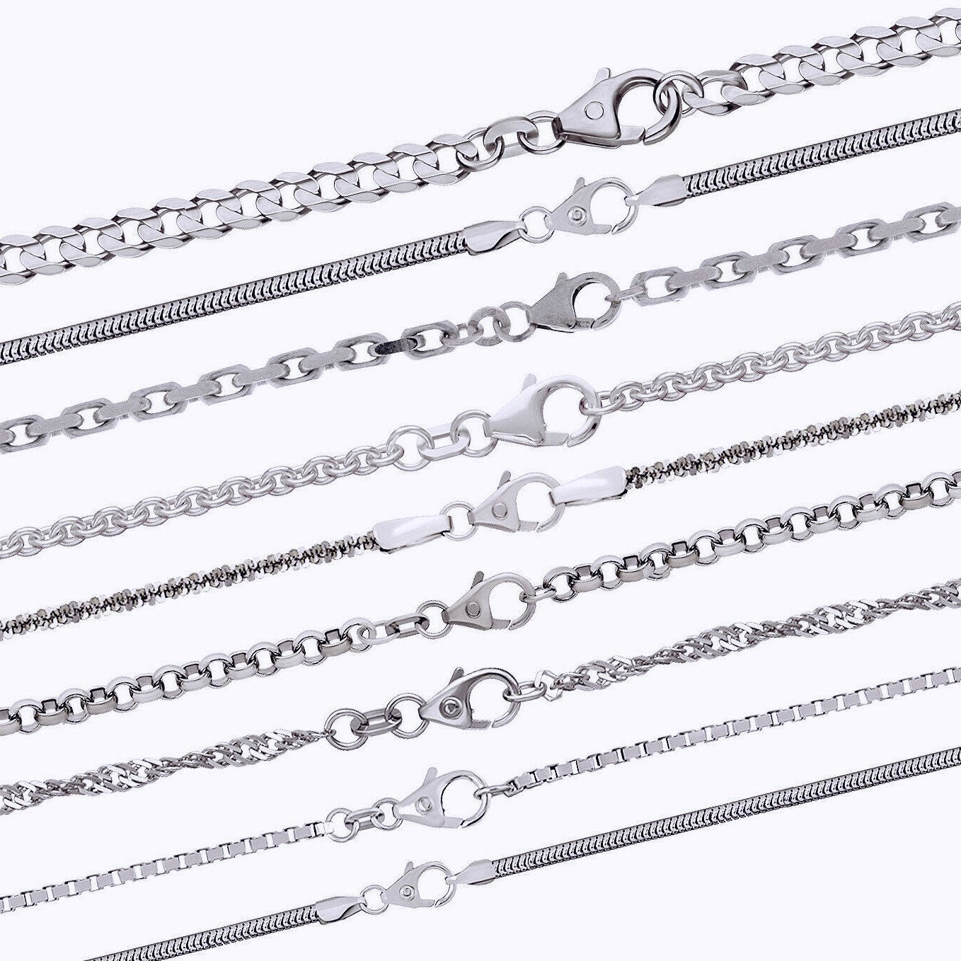 Sterling Silver Chains: Singapore chain / Snake chain / Curb chain, 925 Silver fine necklaces 14 16 18 20 22 24 inches = 40 45 50 55 60 cm
