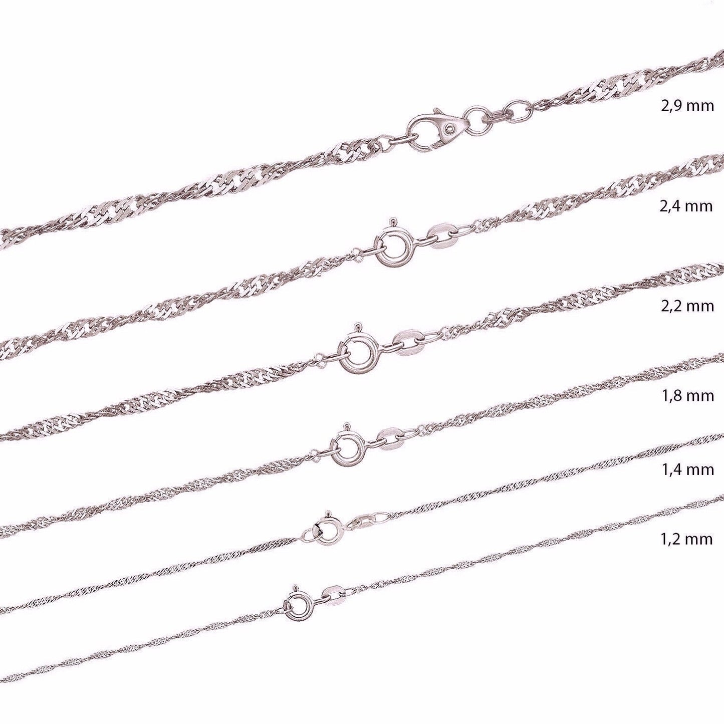 Sterling Silver Chains: Singapore chain / Snake chain / Curb chain, 925 Silver fine necklaces 14 16 18 20 22 24 inches = 40 45 50 55 60 cm