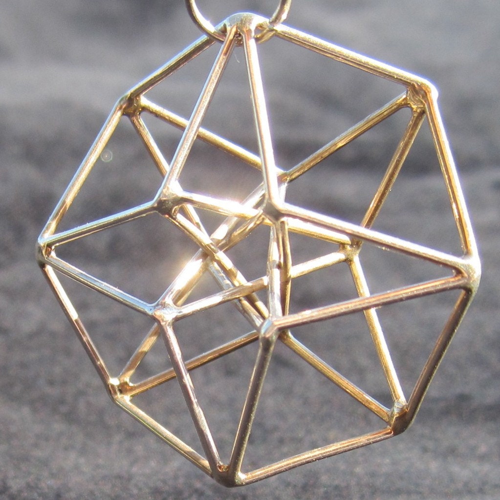 4D HyperCube Tesseract, 3D Sacred Geometry Jewelry for Manifestation + Communication - in Silver / Gold / Brass / Copper