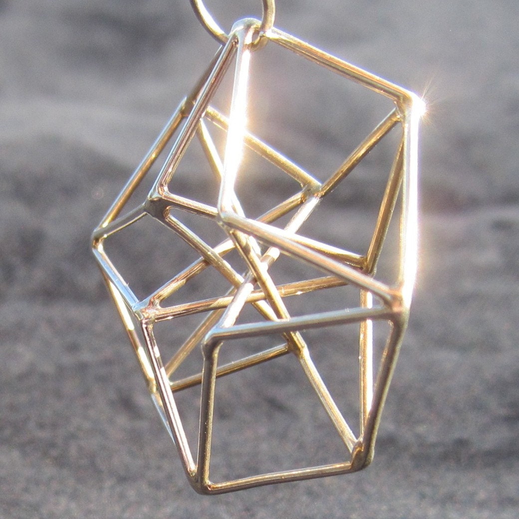 4D HyperCube Tesseract, 3D Sacred Geometry Jewelry for Manifestation + Communication - in Silver / Gold / Brass / Copper