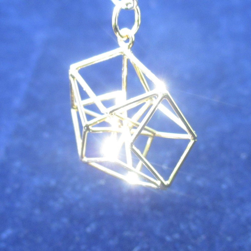 4D HyperCube Tesseract, 3D Sacred Geometry Jewelry for Manifestation + Communication - in Silver / Gold / Brass / Copper