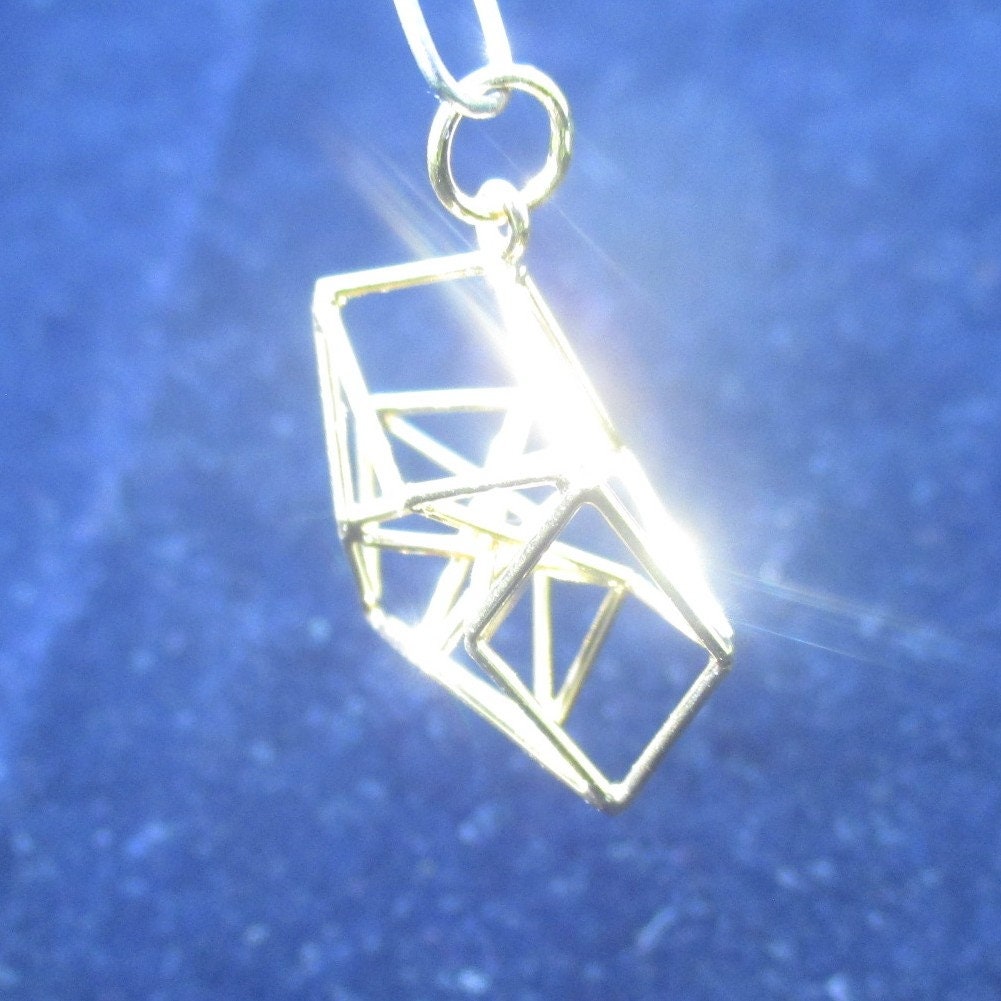 4D HyperCube Tesseract, 3D Sacred Geometry Jewelry for Manifestation + Communication - in Silver / Gold / Brass / Copper