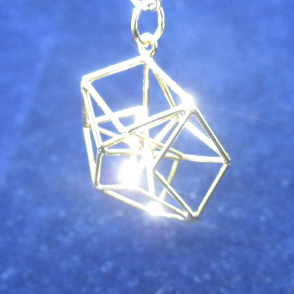 4D HyperCube Tesseract pendant, StarGate 3D Sacred Geometry Jewelry for Manifestation + Communication - Brass, Copper, Silver or Gold plated