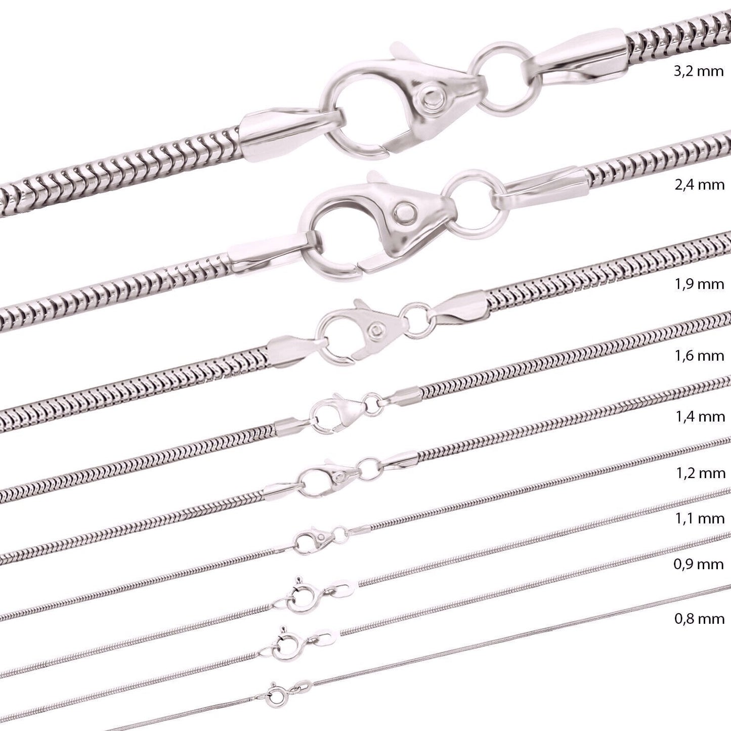 Sterling Silver Chains: Singapore chain / Snake chain / Curb chain, 925 Silver fine necklaces 14 16 18 20 22 24 inches = 40 45 50 55 60 cm