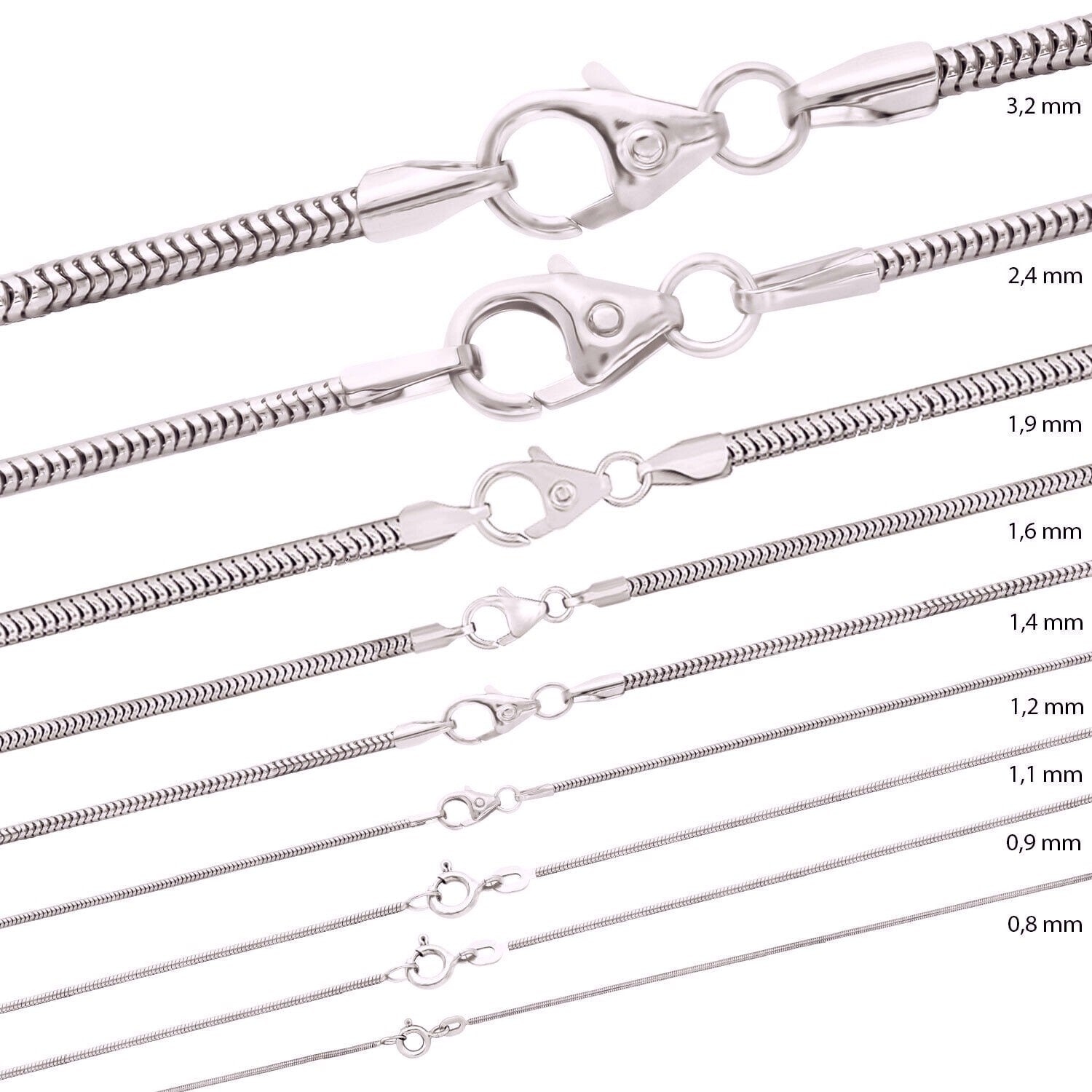 Sterling Silver Chains: Singapore chain / Snake chain / Curb chain, 925 Silver fine necklace 14 16 18 20 22 24 inches = 36 40 45 50 55 60 cm