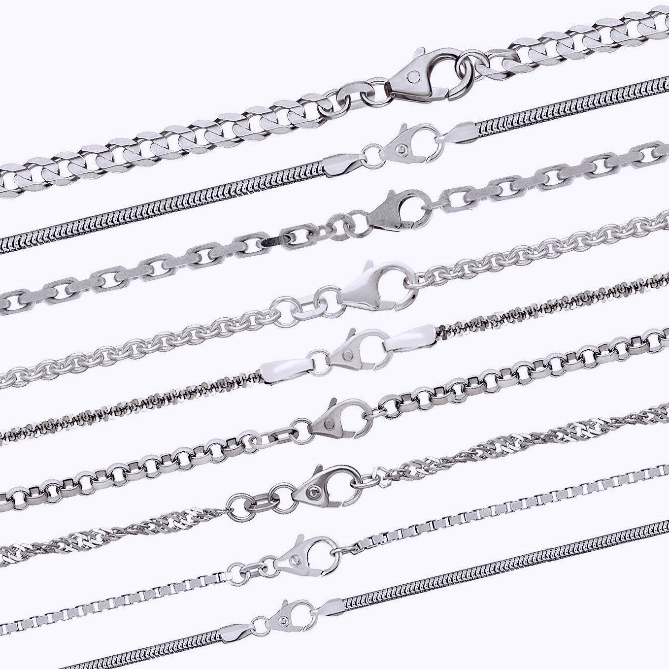 Sterling Silver Chains: Singapore chain / Snake chain / Curb chain, 925 Silver fine necklaces 14 16 18 20 22 24 inches = 40 45 50 55 60 cm
