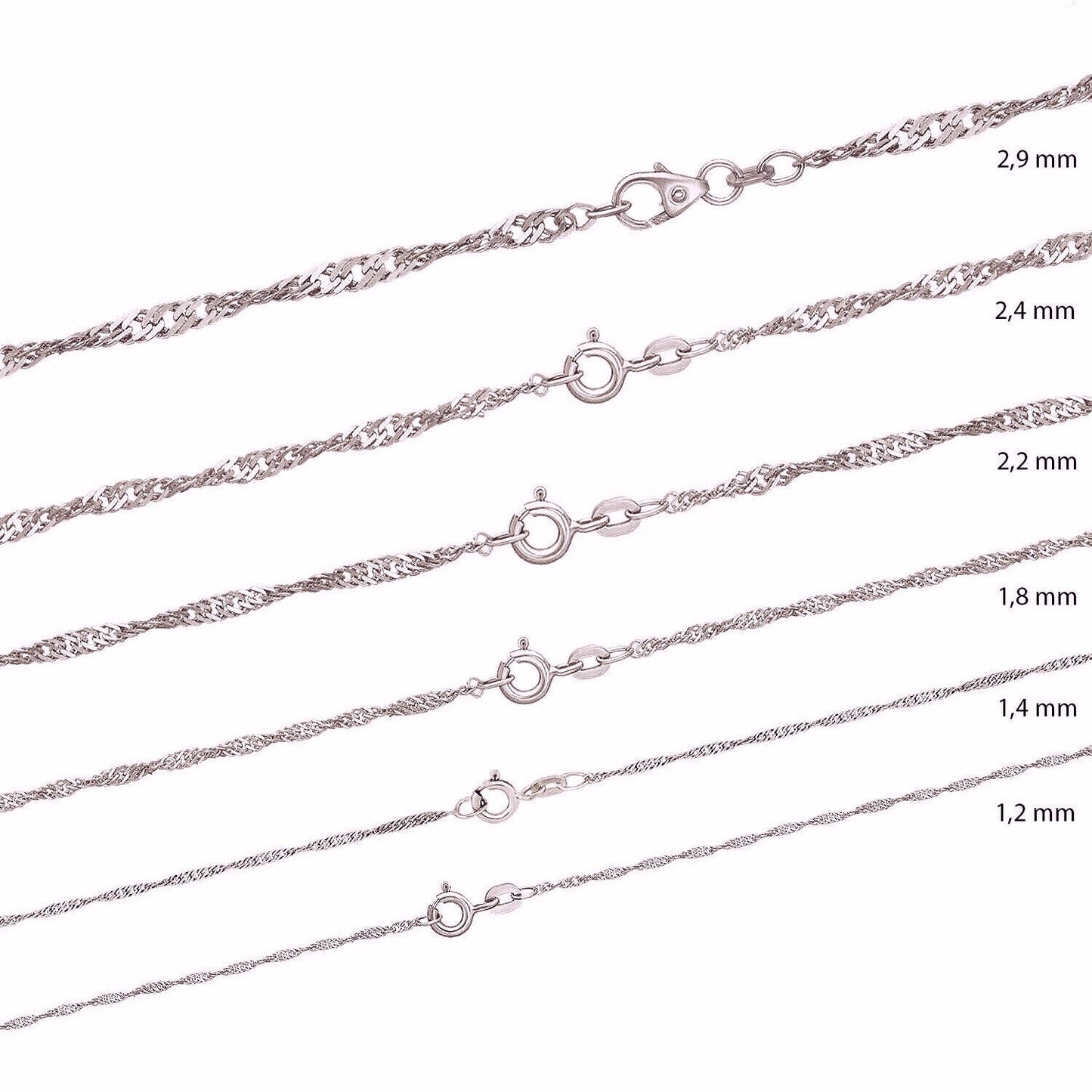 Sterling Silver Chains: Singapore chain / Snake chain / Curb chain, 925 Silver fine necklace 14 16 18 20 22 24 inches = 36 40 45 50 55 60 cm