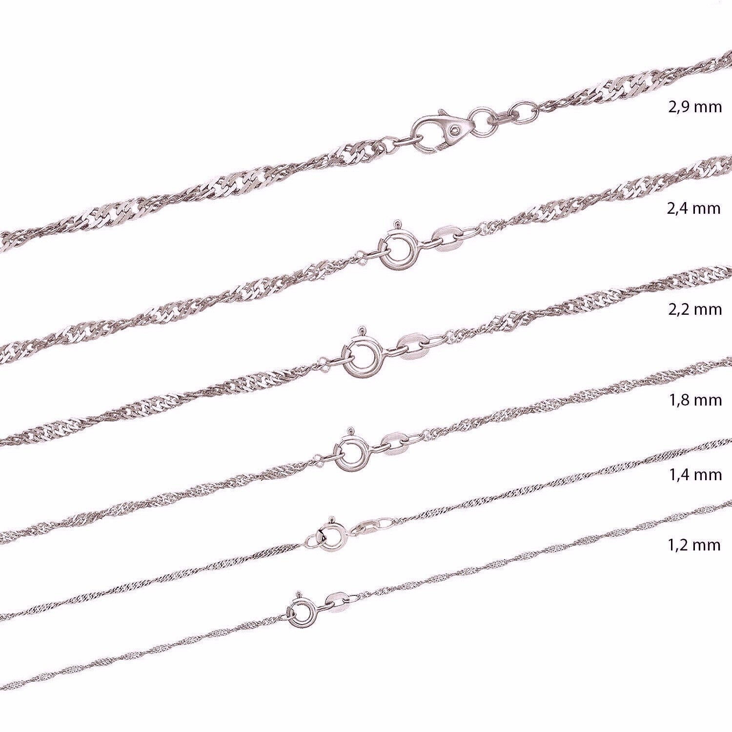 Sterling Silver Chains: Singapore chain / Snake chain / Curb chain, 925 Silver fine necklace 14 16 18 20 22 24 inches = 36 40 45 50 55 60 cm