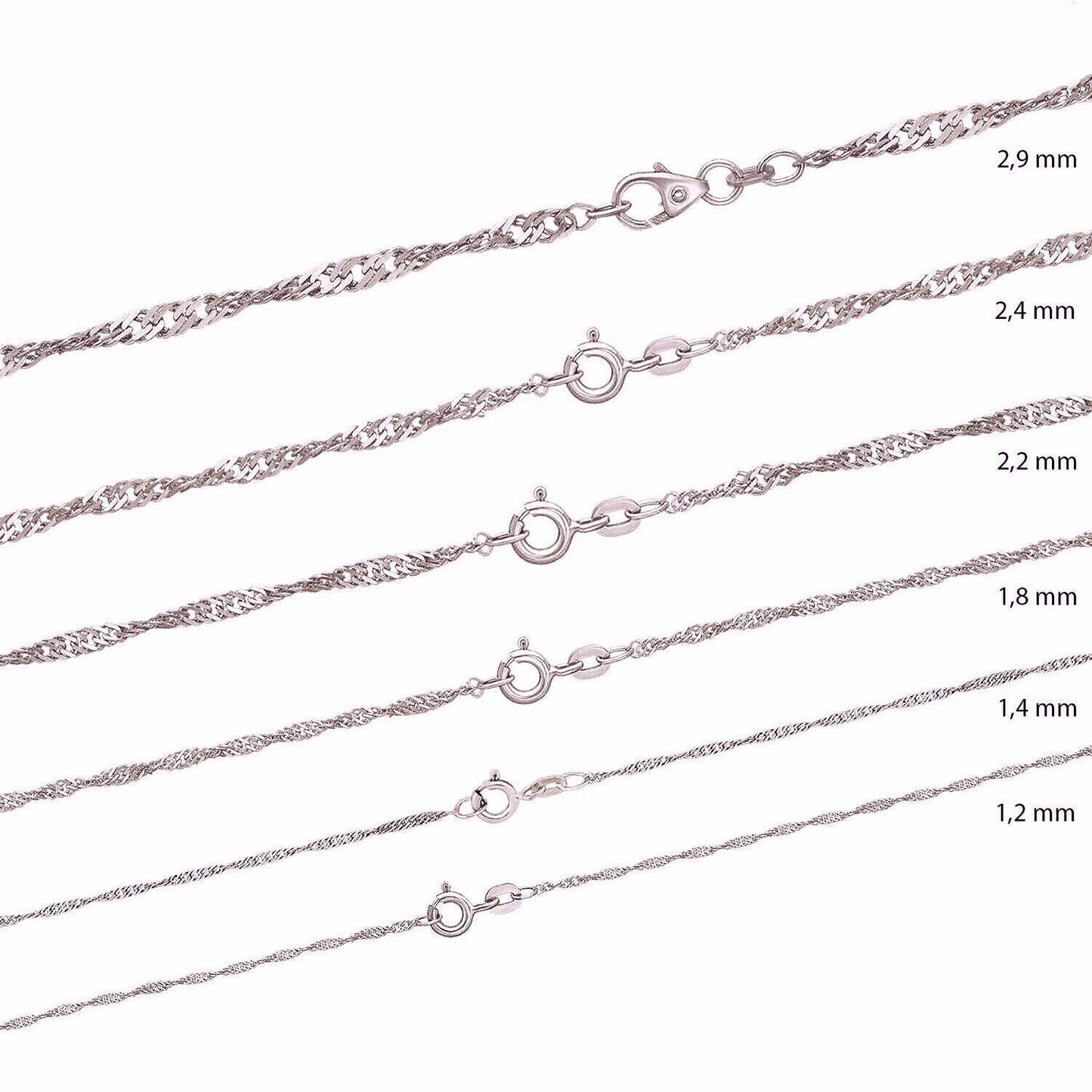 Sterling Silver Chains: Singapore chain / Snake chain / Curb chain, 925 Silver fine necklaces 14 16 18 20 22 24 inches = 40 45 50 55 60 cm