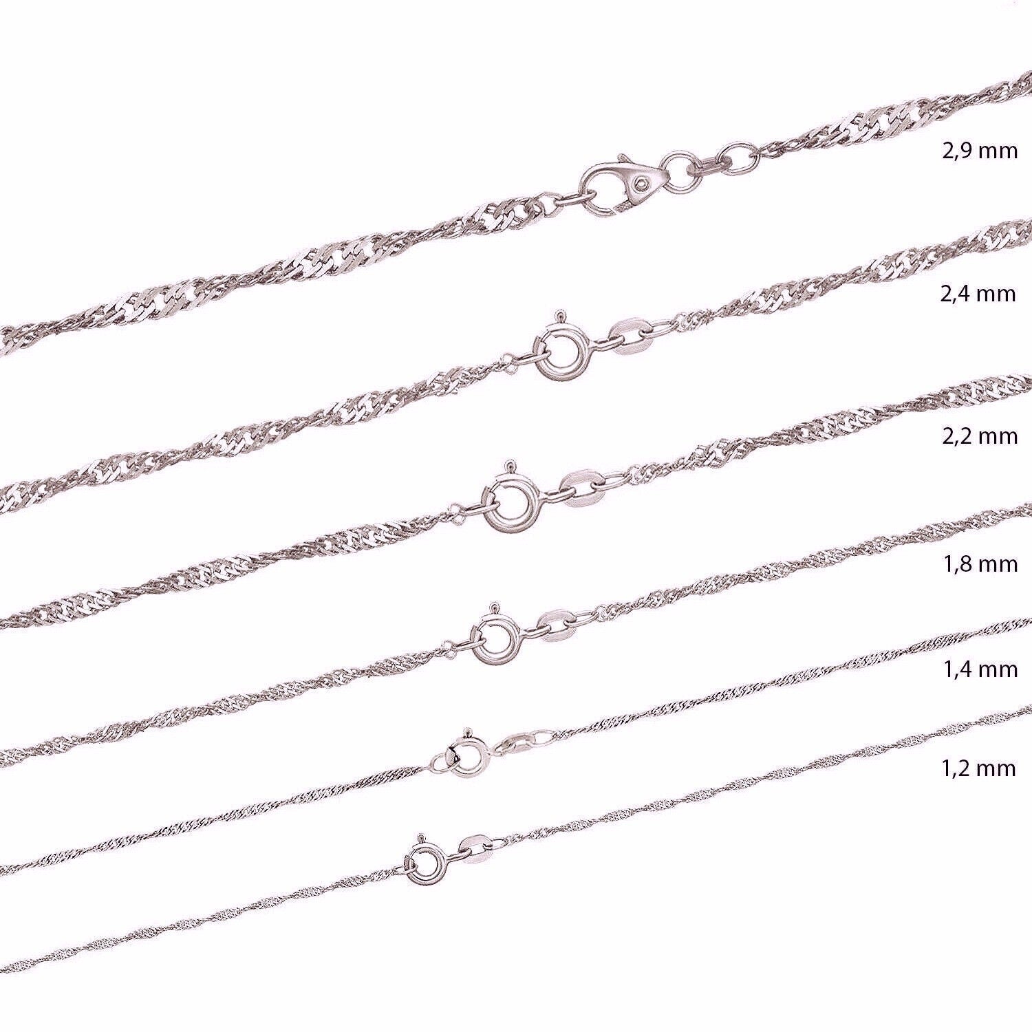 Sterling Silver Chains: Singapore chain / Snake chain / Curb chain, 925 Silver fine necklaces 14 16 18 20 22 24 inches = 40 45 50 55 60 cm