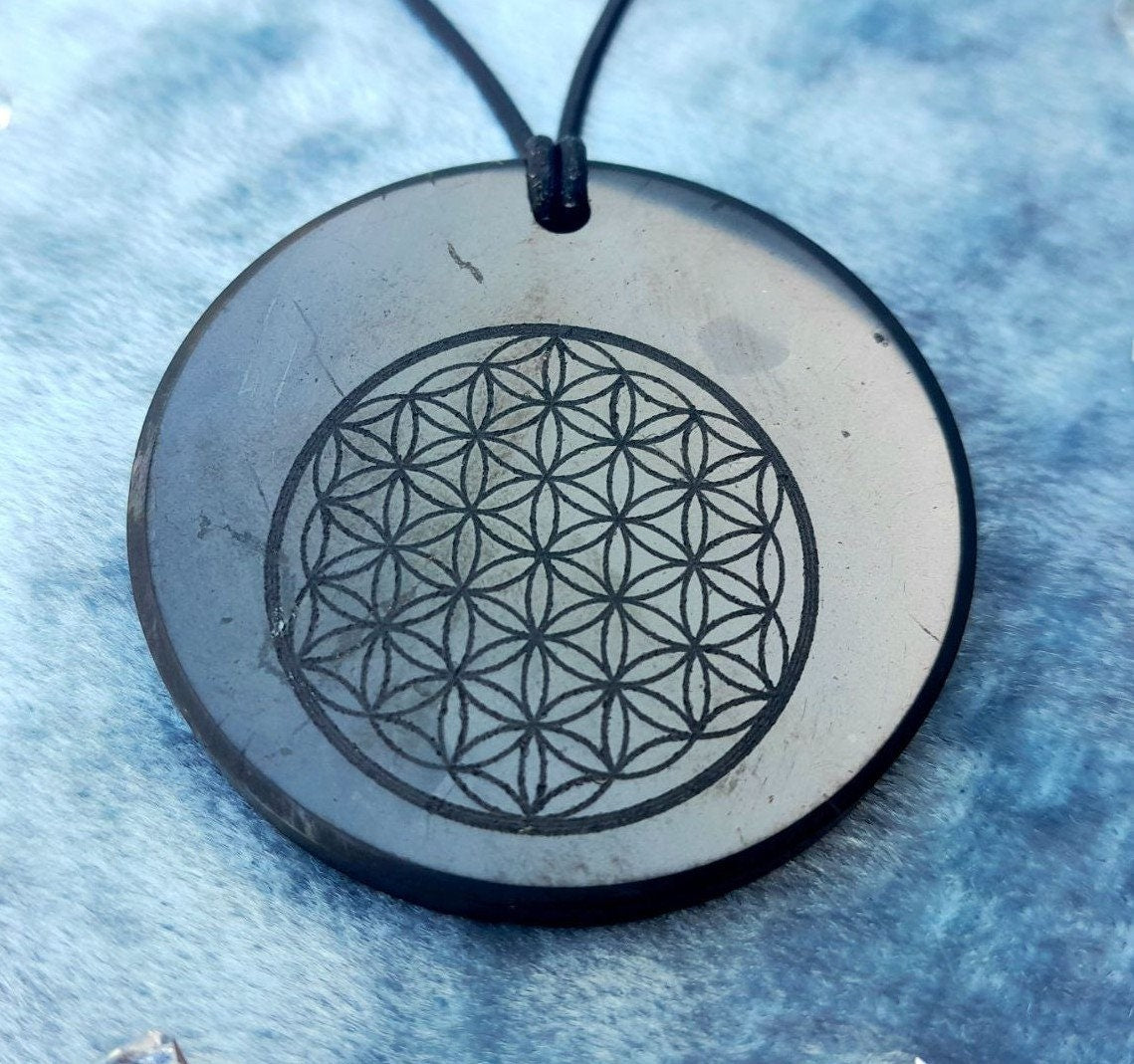 Shungite Tree of Life Pendant | Flower of Life | Yin Yang Black Stone Amulet | EMF Protection Necklace