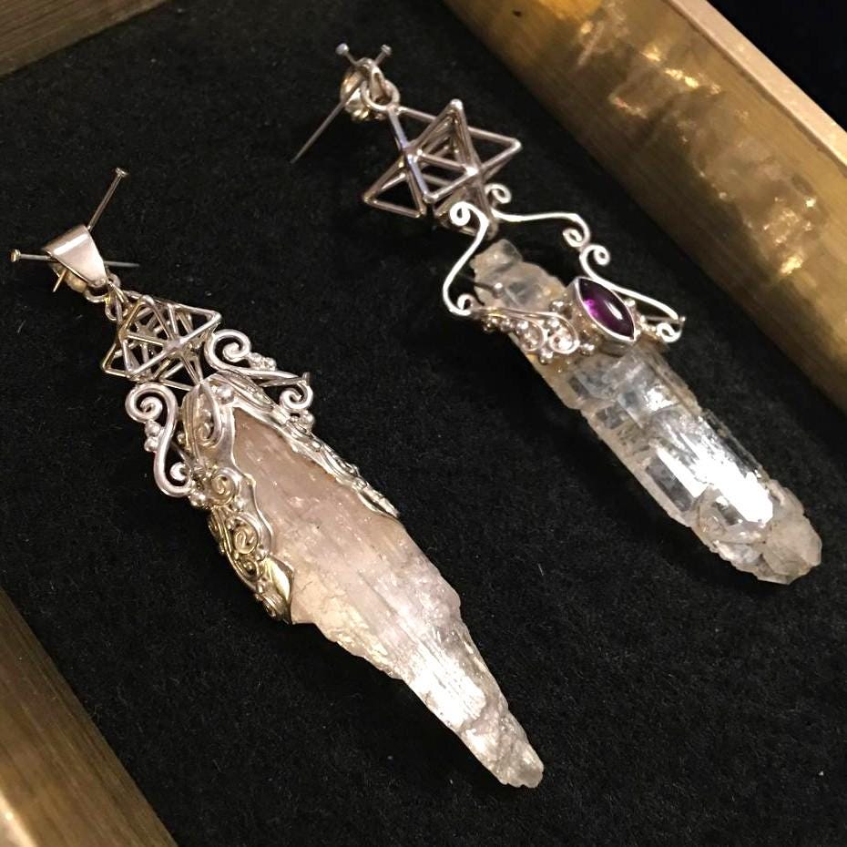 Tabular Quarz / Kunzite Crystal + TANTRIC Star, 3D Sacred Geometry Pendant, Silver Jewelry with Amethyst