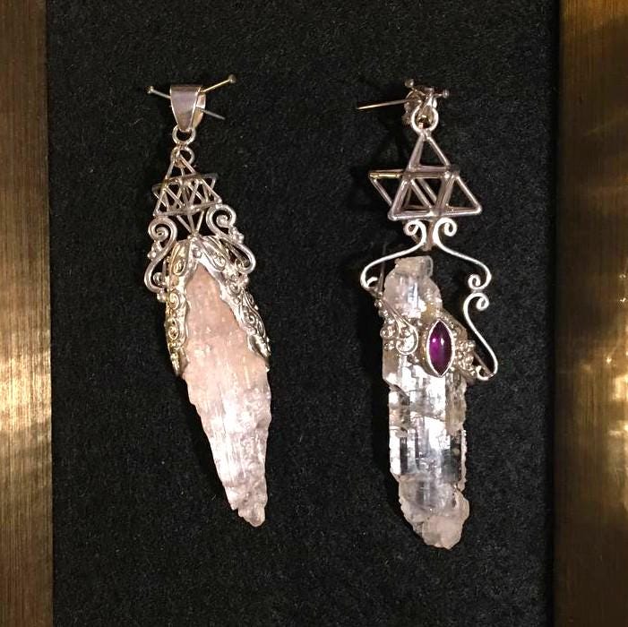 Tabular Quarz / Kunzite Crystal + TANTRIC Star, 3D Sacred Geometry Pendant, Silver Jewelry with Amethyst