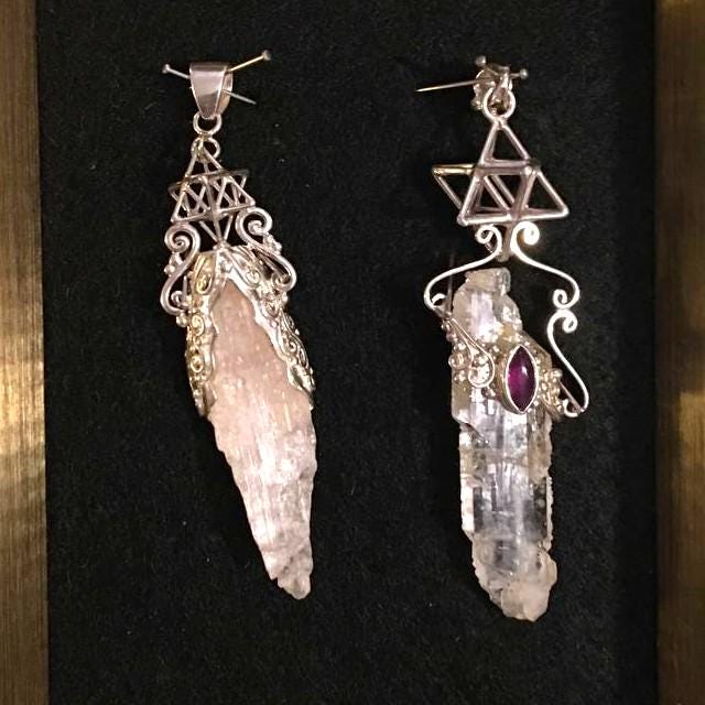 Tabular Quarz / Kunzite Crystal + TANTRIC Star, 3D Sacred Geometry Pendant, Silver Jewelry with Amethyst