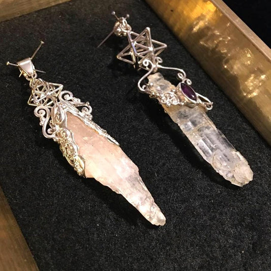 Tabular Quarz / Kunzite Crystal + TANTRIC Star, 3D Sacred Geometry Pendant, Silver Jewelry with Amethyst