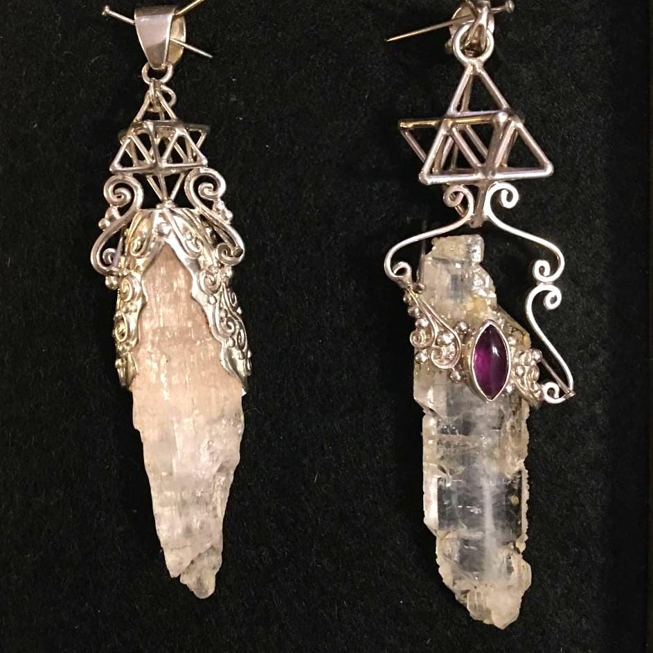 Tabular Quarz / Kunzite Crystal + TANTRIC Star, 3D Sacred Geometry Pendant, Silver Jewelry with Amethyst