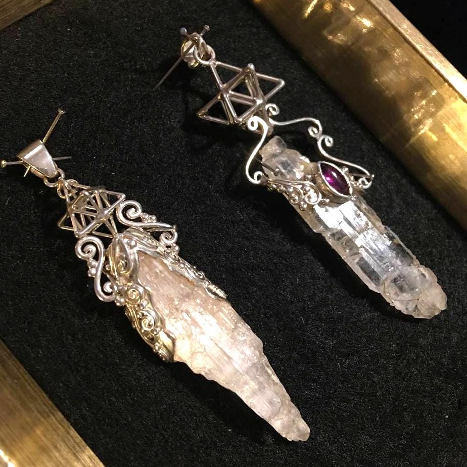 Tabular Quarz / Kunzite Crystal + TANTRIC Star, 3D Sacred Geometry Pendant, Silver Jewelry with Amethyst